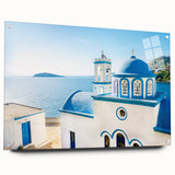 Acrylic print of a Crete, Greece landscape in blue and white tones, ideal for dining room decor.