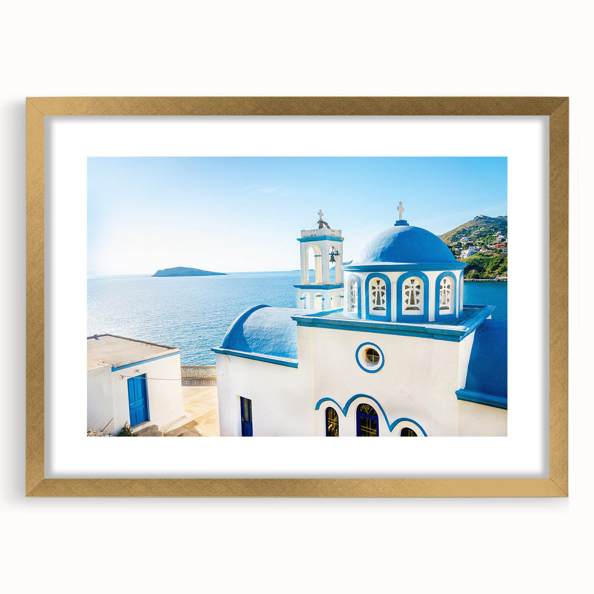 Abstract art print of a European landscape in Crete, featuring muted earth tones on a framed gold mat.