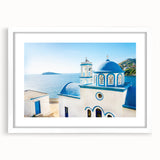 Textured art print depicting a scenic view of Crete, Greece with vibrant blue and white tones on a framed white mat.