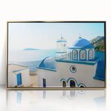 Art deco poster of Crete, Greece scenery in gold frame on acrylic, featuring soft blue and white tones.