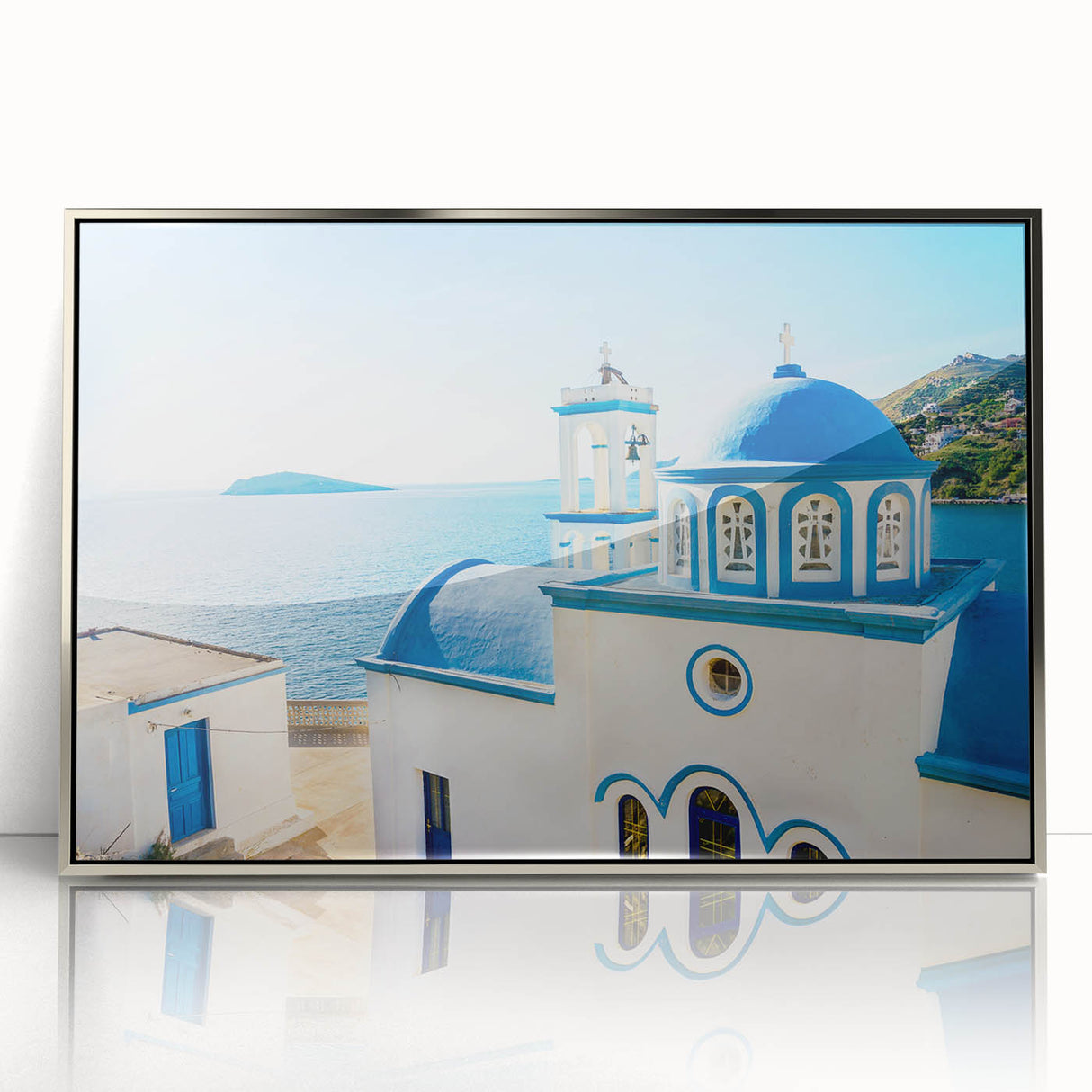 Large acrylic print of a European Crete landscape in silver frame, ideal for modern art wall decor.