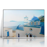 Mid-century modernist art of Crete, Greece, in acrylic print with a white frame, featuring soft blue and white tones.