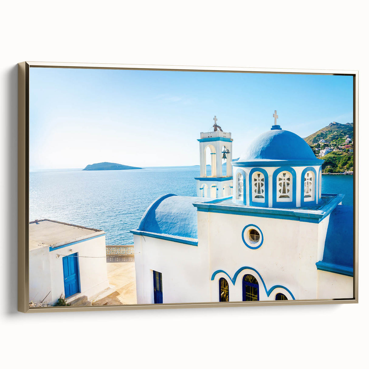 Framed canvas print of a vintage-style landscape painting depicting Crete, Greece, in muted earth tones.