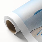 Art Deco style poster of Crete scenery on rolled canvas, featuring soft blue and white tones, ideal for nursery wall art.