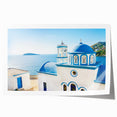 Rolled print of Crete landscape with vivid blue and white hues, ideal for art wall dining room decor.
