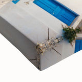 Large art featuring a black and white landscape painting of Crete, Greece on stretched canvas, ideal for bedroom wall decor.