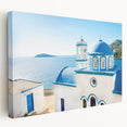 Large art print of Crete, Greece scenery on stretched canvas, with vivid blue and white tones, ideal for kitchen wall art.