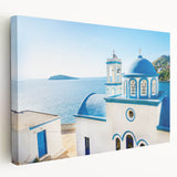 Large art print of Crete, Greece scenery on stretched canvas, with vivid blue and white tones, ideal for kitchen wall art.
