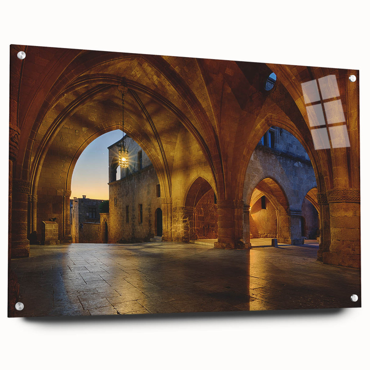 Acrylic print of a European scenery in Rhodes, Greece, featuring vivid blue and white tones, ideal for dining room decor.