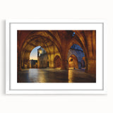 Textured abstract art print of a European scenery, in muted earth tones, framed with a white mat, ideal for bedroom art.