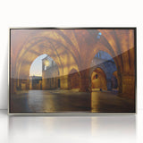 Large art print of Rhodes, Greece, in muted blue and white tones on a silver-framed acrylic.