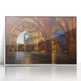 Mid-century modernist art depicting the Rhodes scenery in Greece with soft, muted colors on a framed acrylic.