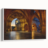 Framed canvas depicting a vintage-style landscape of Rhodes, Greece, with vibrant blue and white tones.