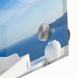 Acrylic print of Santorini landscape in muted blue and white tones, suitable for dining room art.