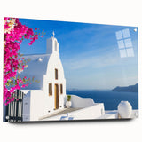 Acrylic print of Santorini landscape with vivid blue and white tones, suitable for dining room decor.