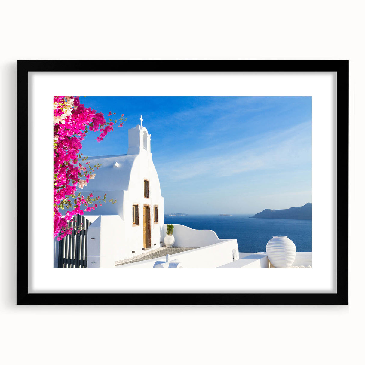Extra large abstract art print of Santorini with vibrant blues and whites on a textured canvas, ideal for living room decor.