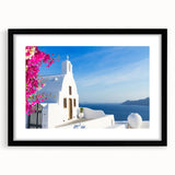 Extra large abstract art print of Santorini with vibrant blues and whites on a textured canvas, ideal for living room decor.