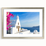 Extra large abstract art print of Santorini with textured white and blue tones on a silver-framed canvas.