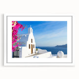 Textured abstract art print of Santorini, featuring white and blue tones on a framed mat, ideal for bedroom art.