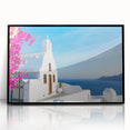 Large abstract wall art of Santorini with blue and white hues, framed in black acrylic, suitable for modern art wall decor.