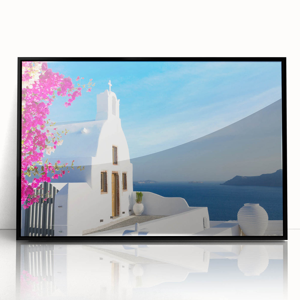 Large abstract wall art of Santorini with blue and white hues, framed in black acrylic, suitable for modern art wall decor.