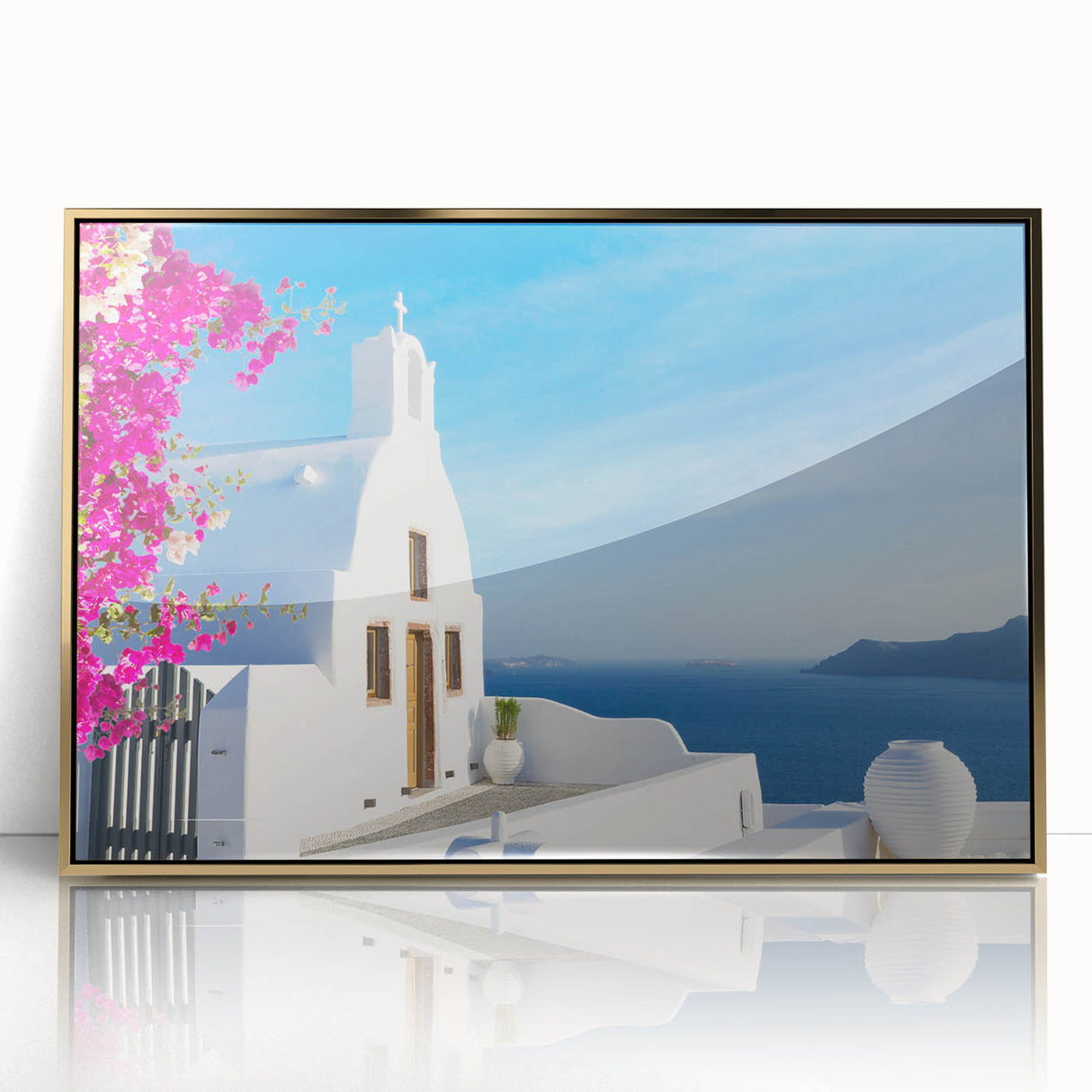 Framed acrylic print of Santorini landscape in pastel blue and white, ideal for modern art wall decor.