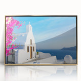 Framed acrylic print of Santorini landscape in pastel blue and white, ideal for modern art wall decor.