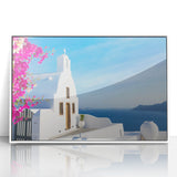 Mid-century modernist art of Santorini landscape in acrylic, with vibrant blue and white tones, framed.