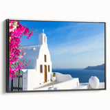 Black and white framed canvas of Santorini landscape, ideal for bedroom wall decor.