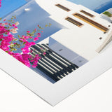 Art deco poster of Santorini with vivid blue and white hues on rolled canvas, suitable for dining room wall art.