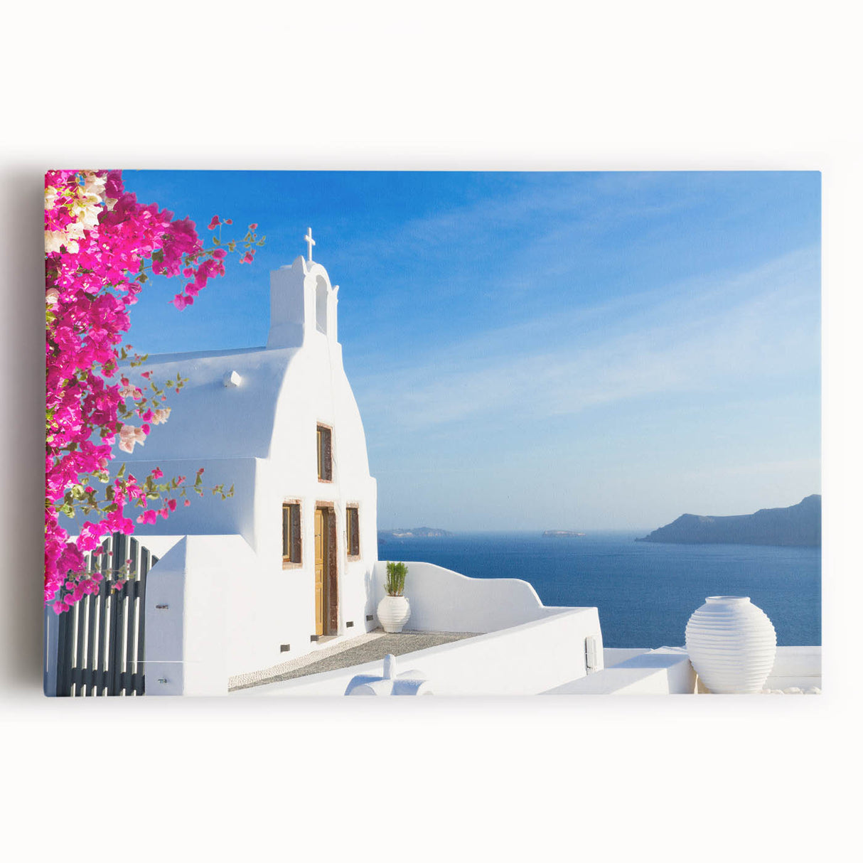 Black and white image of Santorini on stretched canvas, perfect for kitchen wall art or bedroom ambiance.