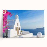 Large black and white stretched canvas of Santorini scenery, ideal for kitchen wall art.