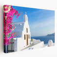 Stretched canvas depicting the Santorini skyline in vibrant blue and white tones, suitable for kitchen wall art.