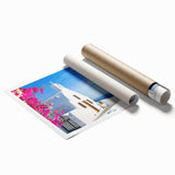 Extra large wall art featuring a scenic view of Santorini with vibrant blue and white tones on a rolled print.