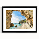 Extra large abstract art print of a vibrant, colorful Greek landscape on textured canvas, ideal for living room decor.