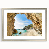 Extra large abstract art print depicting a textured Greek scenery in muted earth tones, framed in silver.