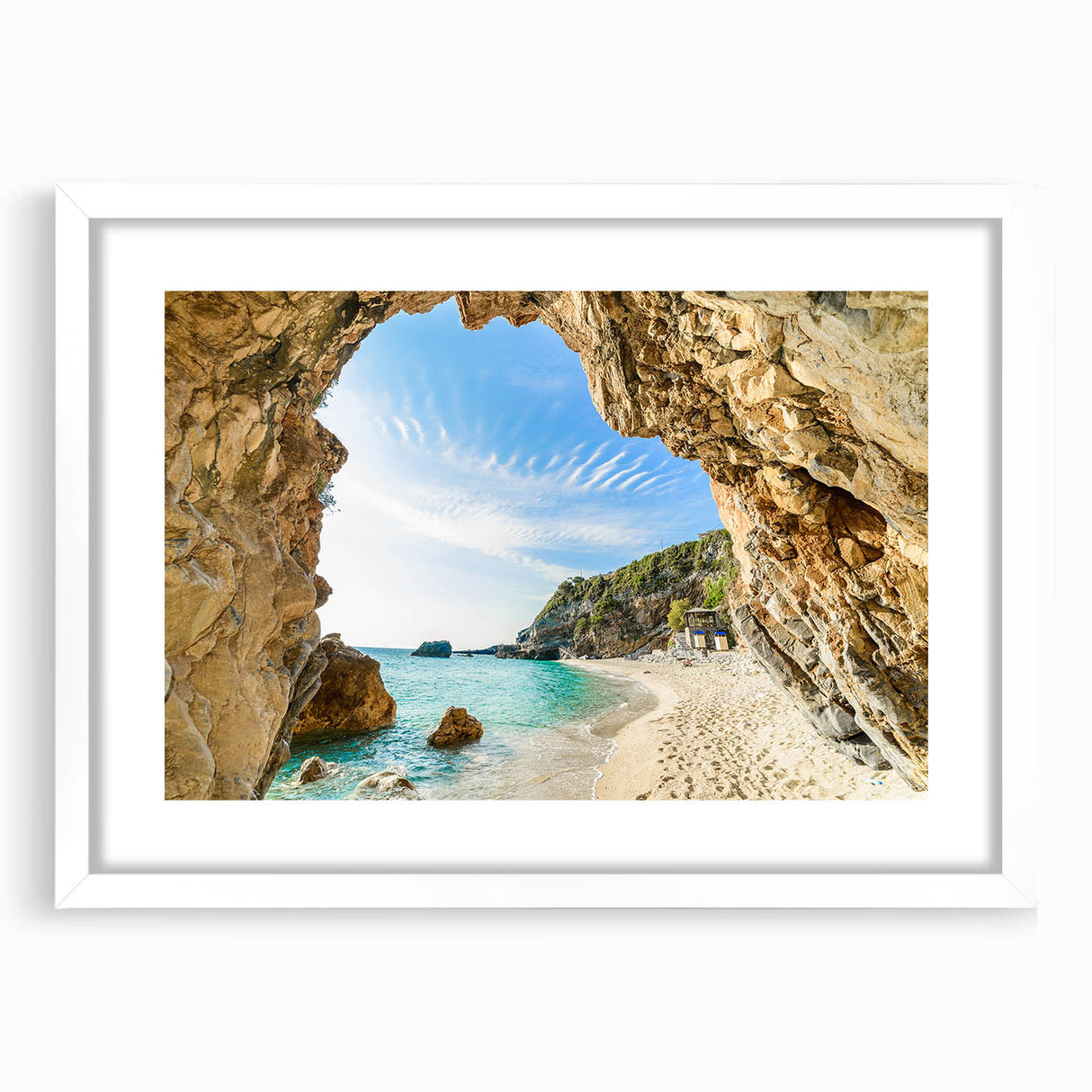 Textured art depicting an abstract European landscape in earth tones, framed with a white mat, suited for bedroom decor.