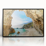 Large abstract wall art depicting a European Greek scenery in mid-century modernist style, framed in black acrylic.