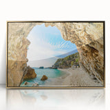 Acrylic print of a European Greek landscape in gold frame, ideal for modern art wall decor.
