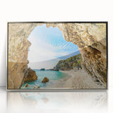 Large art print of a European Greek landscape in muted earth tones, framed in silver acrylic.