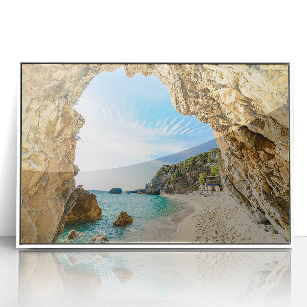 Mid-century modernist art depicting a serene Greek landscape on a white framed acrylic, ideal for nursery wall decor.