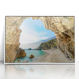 Mid-century modernist art depicting a serene Greek landscape on a white framed acrylic, ideal for nursery wall decor.