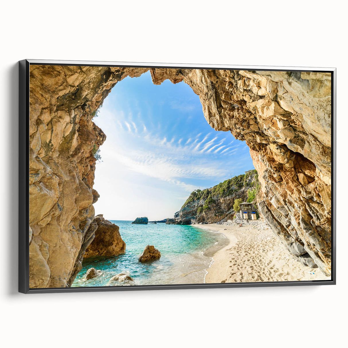 Black and white framed canvas featuring a vintage poster art style landscape of a European town.