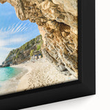 Extra large framed canvas depicting a textured scene of colorful Greek architecture on a black background.