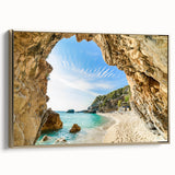 Framed canvas of a vintage-style Greek landscape painting in black and gold tones, ideal for bedroom wall decor.