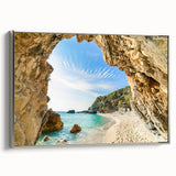 Landscape art painting of a Greek coastal scene on framed canvas, featuring vivid blue and white tones.