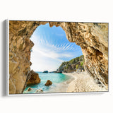 Vintage poster art of a scenic Greek landscape on framed canvas, featuring vibrant colors, ideal for living room decor.