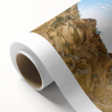 Art Deco poster of a European Greek scenery on rolled canvas, featuring pastel blue and white tones.