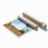Extra large rolled print of a serene Greek landscape, featuring muted earth tones, ideal for classy bathroom wall art.