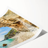 Extra large rolled print featuring line art flowers and Greek scenery in muted earth tones.